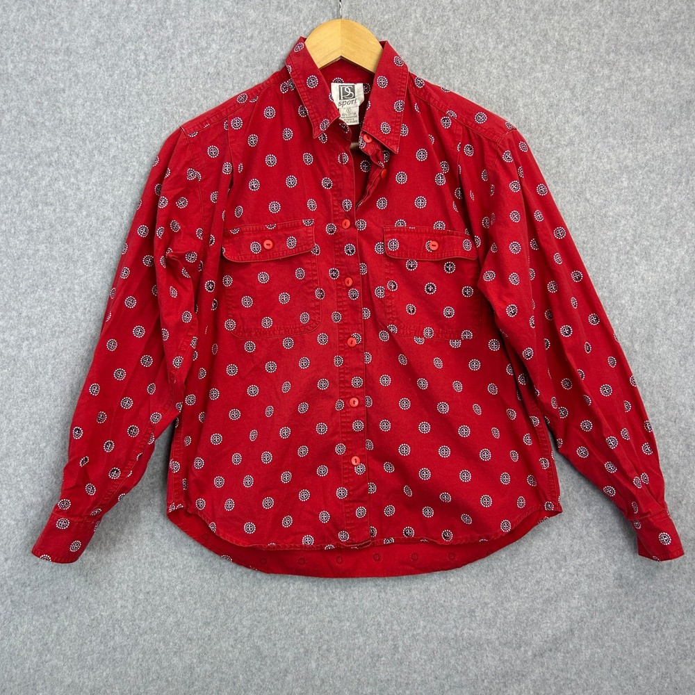 PS Sport Shirt Red Medallion Print LS Retro Western Cowgirl Cotton Vntg Size S